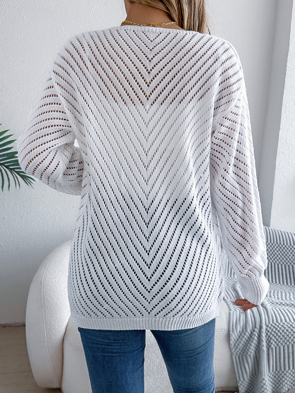 Chevron Pointelle Open Front Longline Cardigan - White - 1