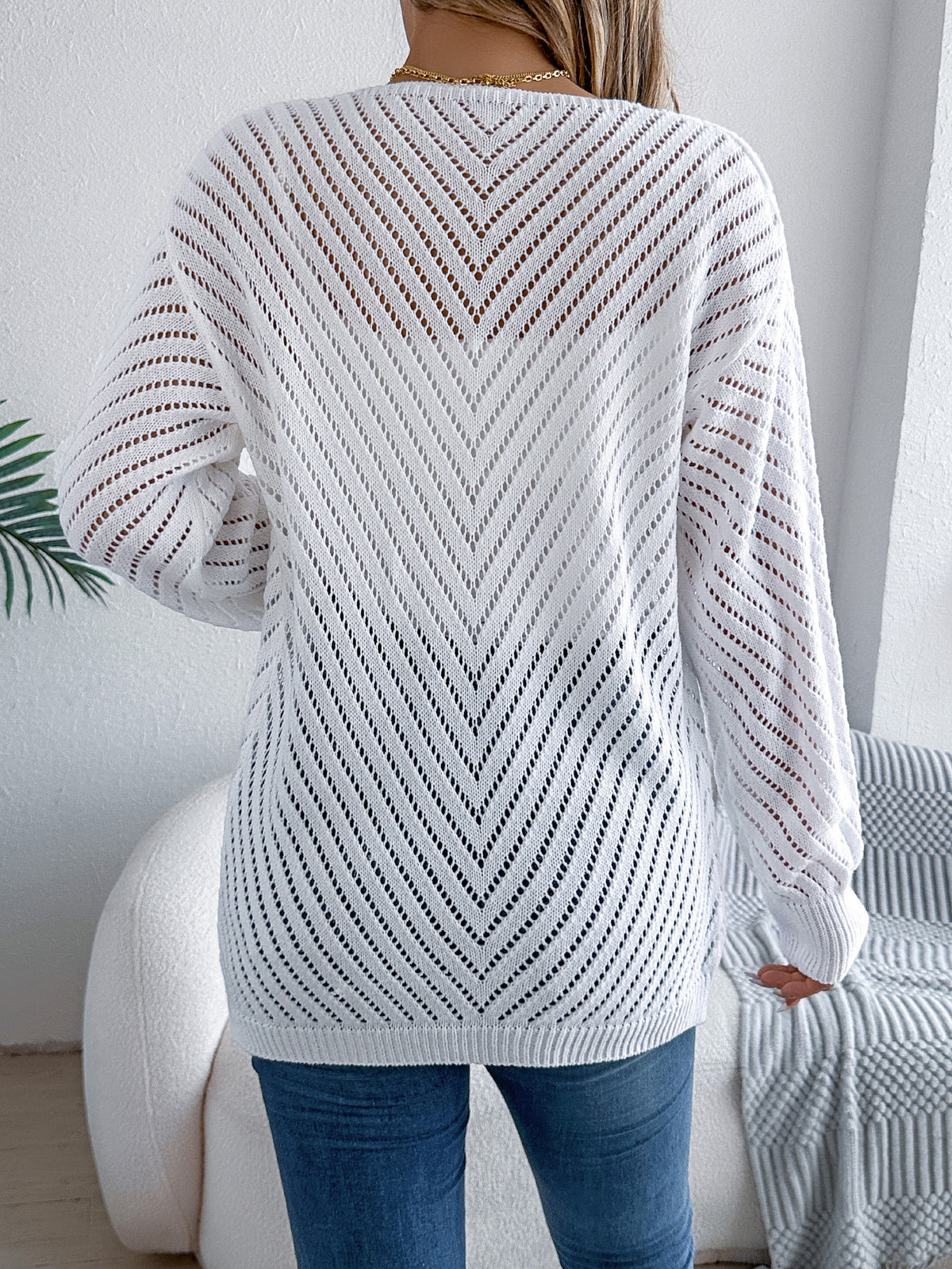 Chevron Pointelle Open Front Longline Cardigan - White - 1