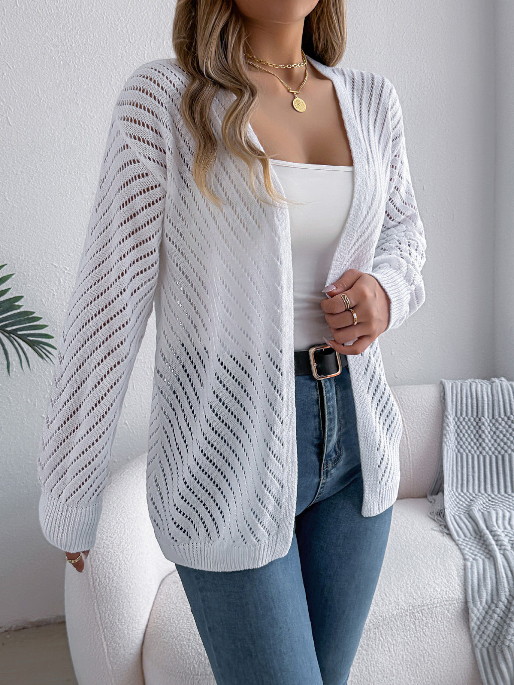 Chevron Pointelle Open Front Longline Cardigan - White - 2