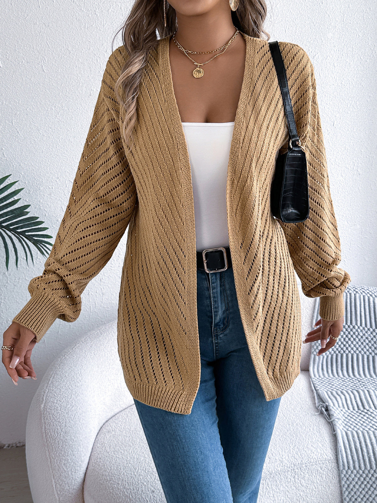 Chevron Pointelle Open Front Longline Cardigan