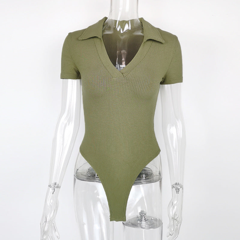 Ribbed Open Collar Polo Bodysuit - Green