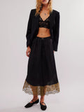 Lace Trim Satin Wide Leg Pants - Black