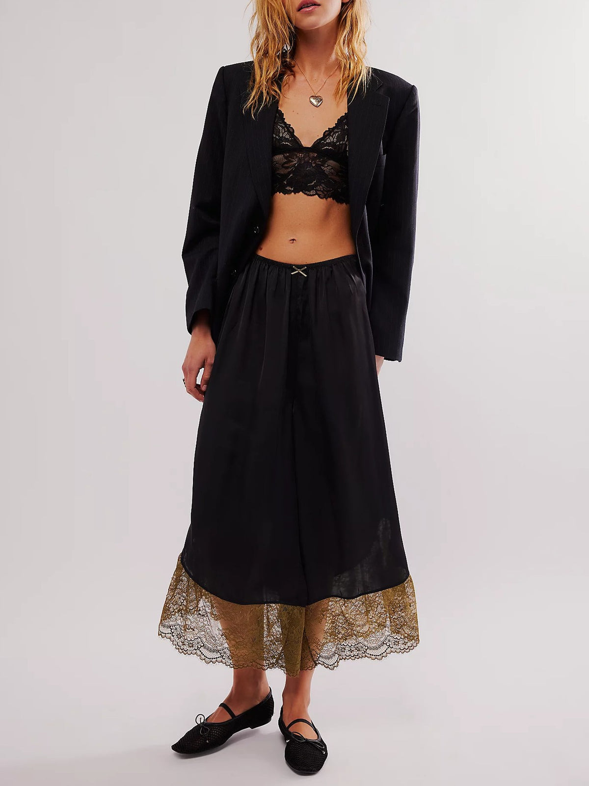 Lace Trim Satin Wide Leg Pants - Black