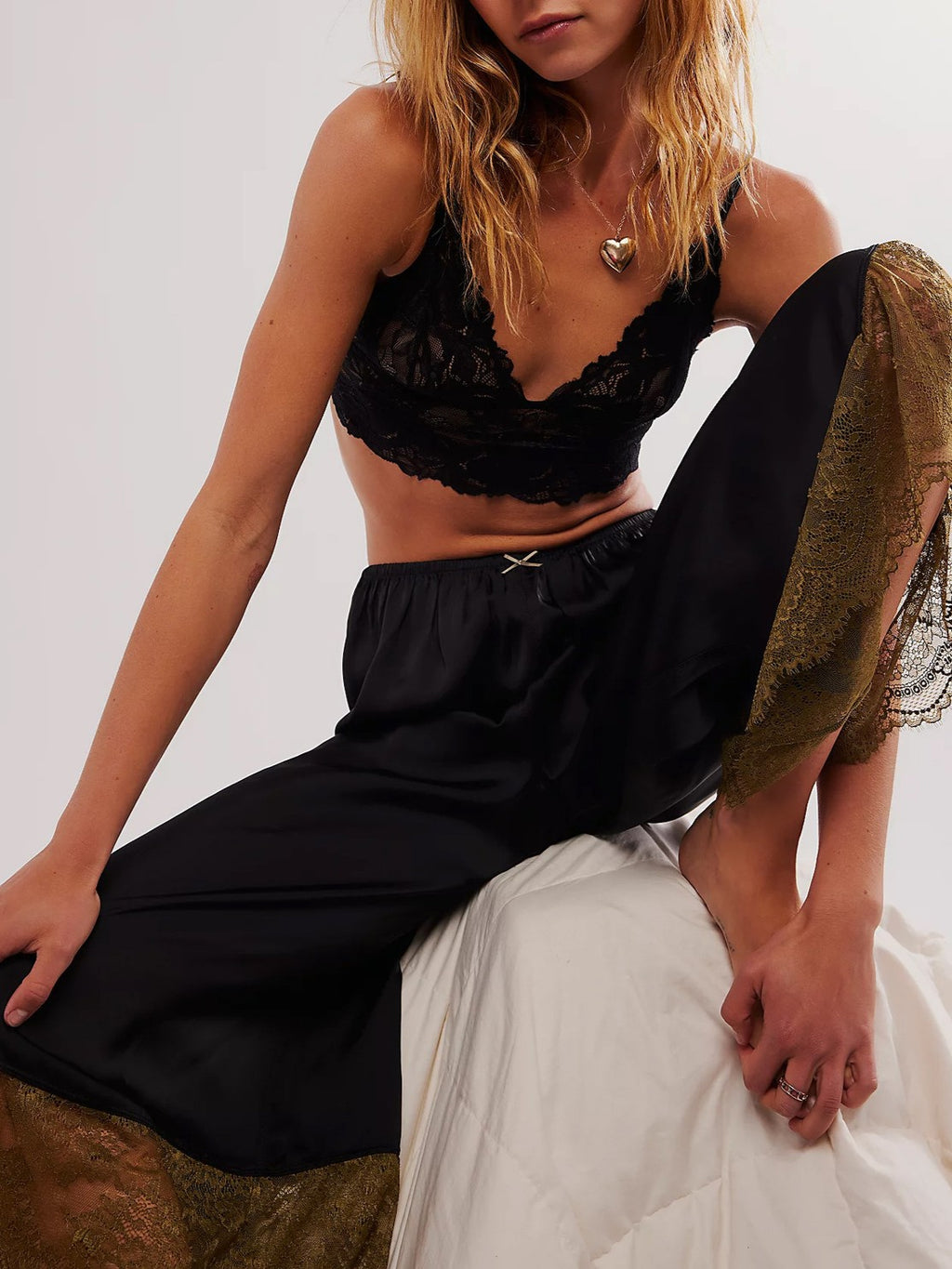 Lace Trim Satin Wide Leg Pants - Black - 1