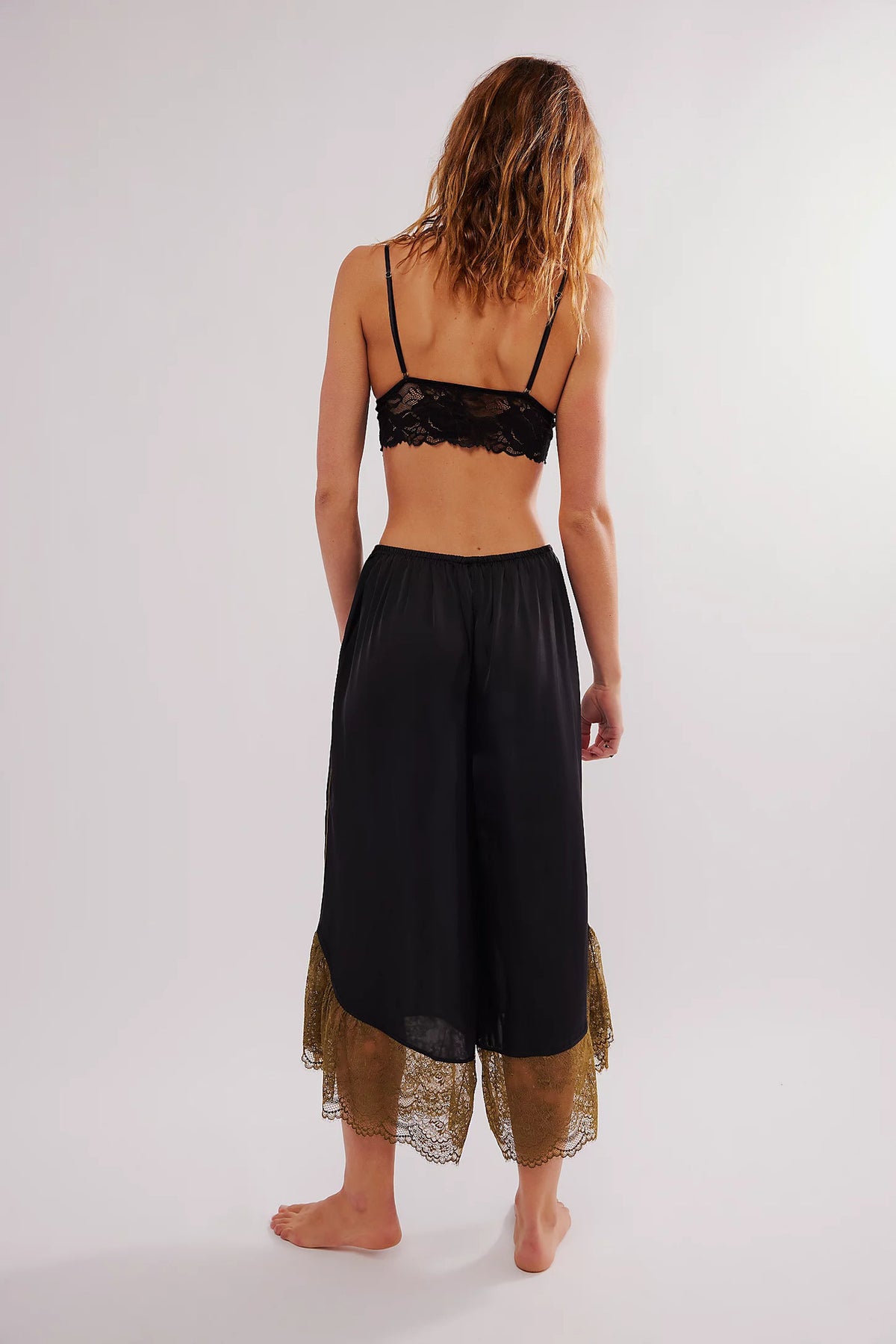 Lace Trim Satin Wide Leg Pants - Black - 2