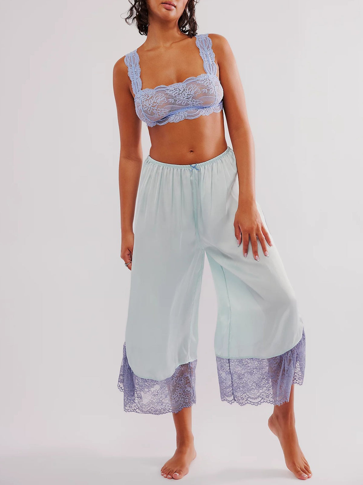 Lace Trim Satin Wide Leg Pants - LightBlue