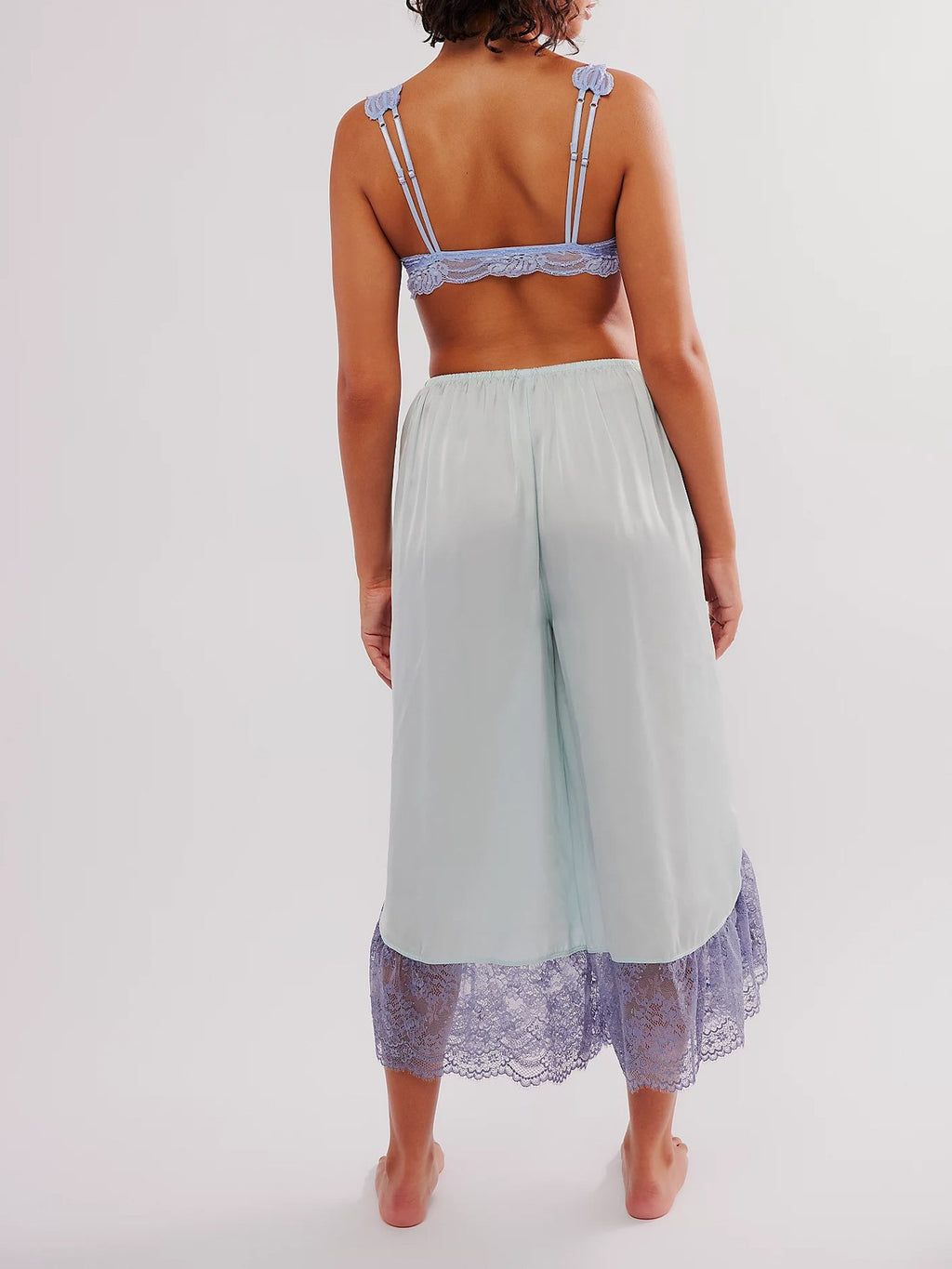 Lace Trim Satin Wide Leg Pants - LightBlue - 1