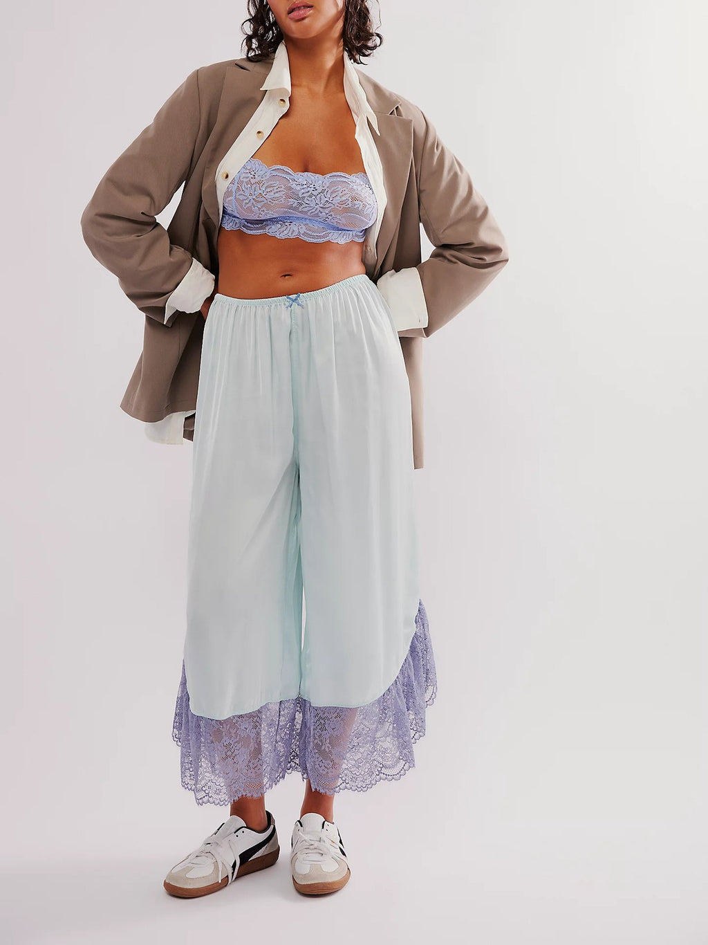 Lace Trim Satin Wide Leg Pants - LightBlue - 2