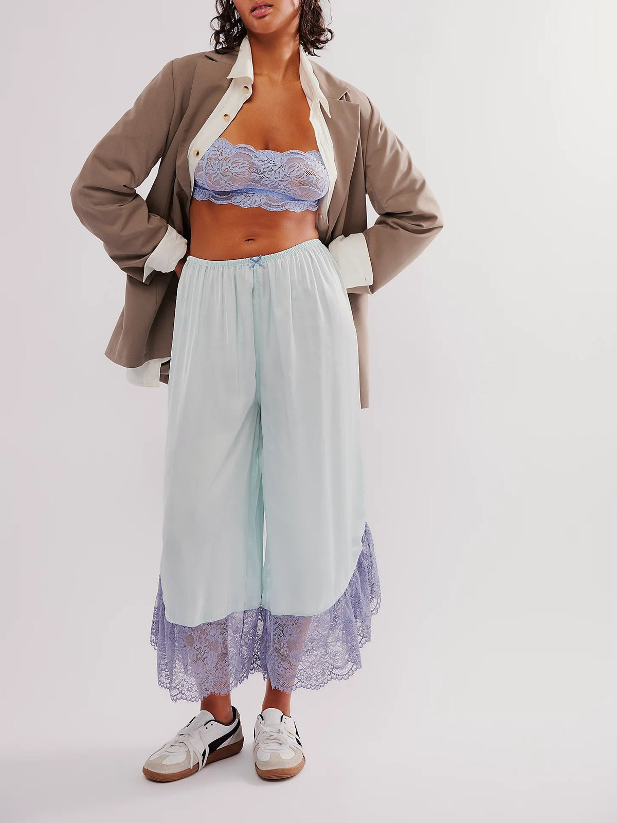 Lace Trim Satin Wide Leg Pants - LightBlue - 2