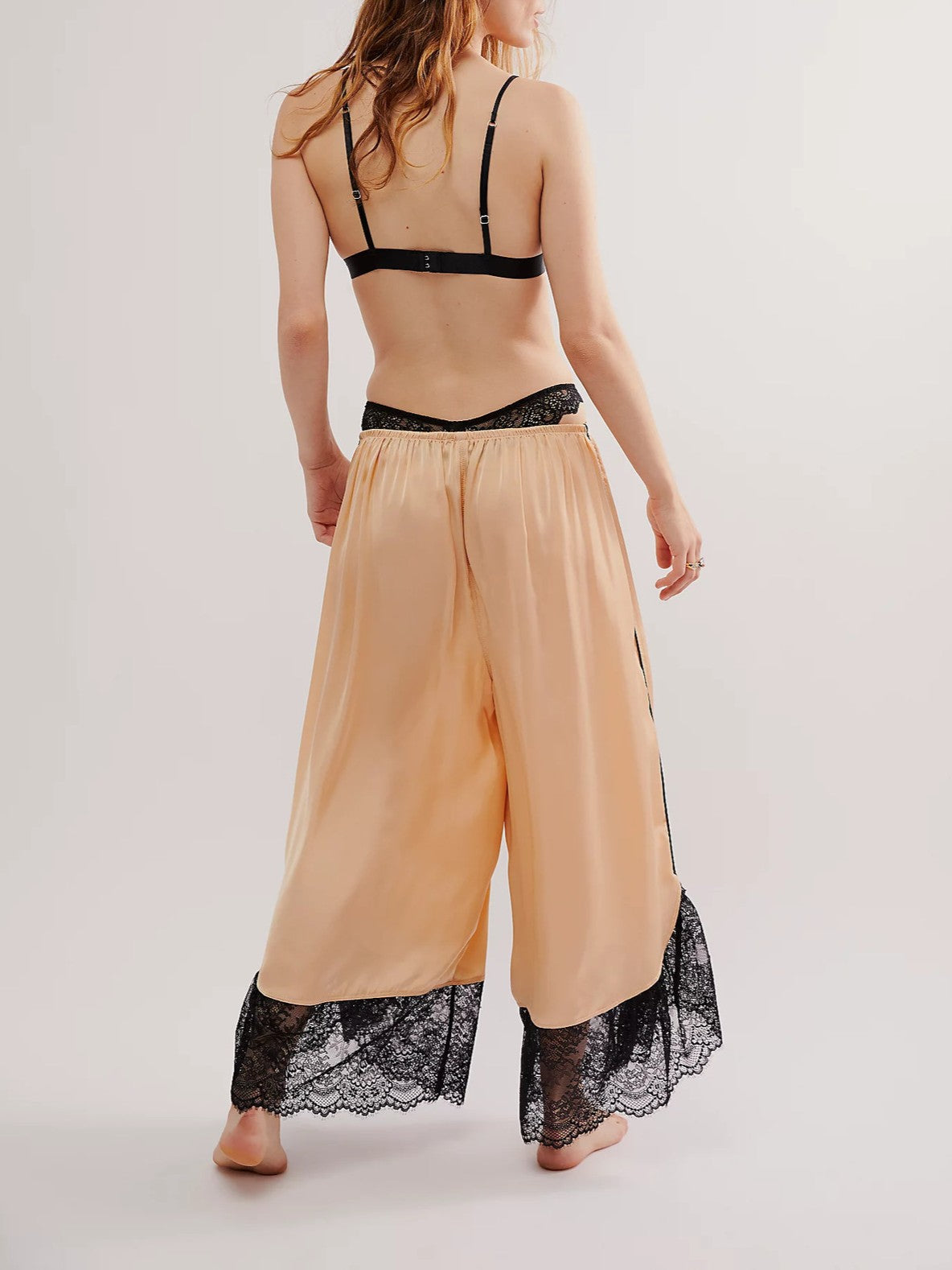 Lace Trim Satin Wide Leg Pants - salmon - 1