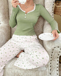 Ruffle Trim Pajama Set With Printed Pants - Green