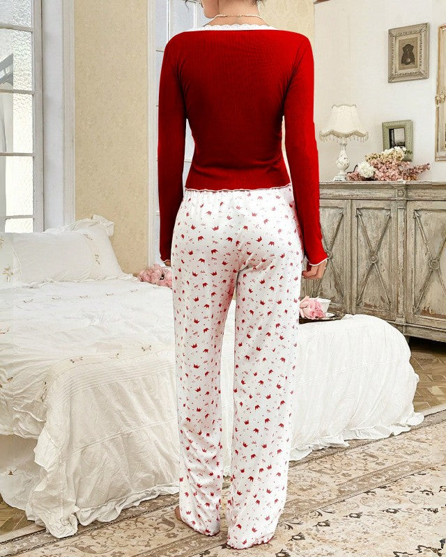 Ruffle Trim Pajama Set With Printed Pants - Red - 2