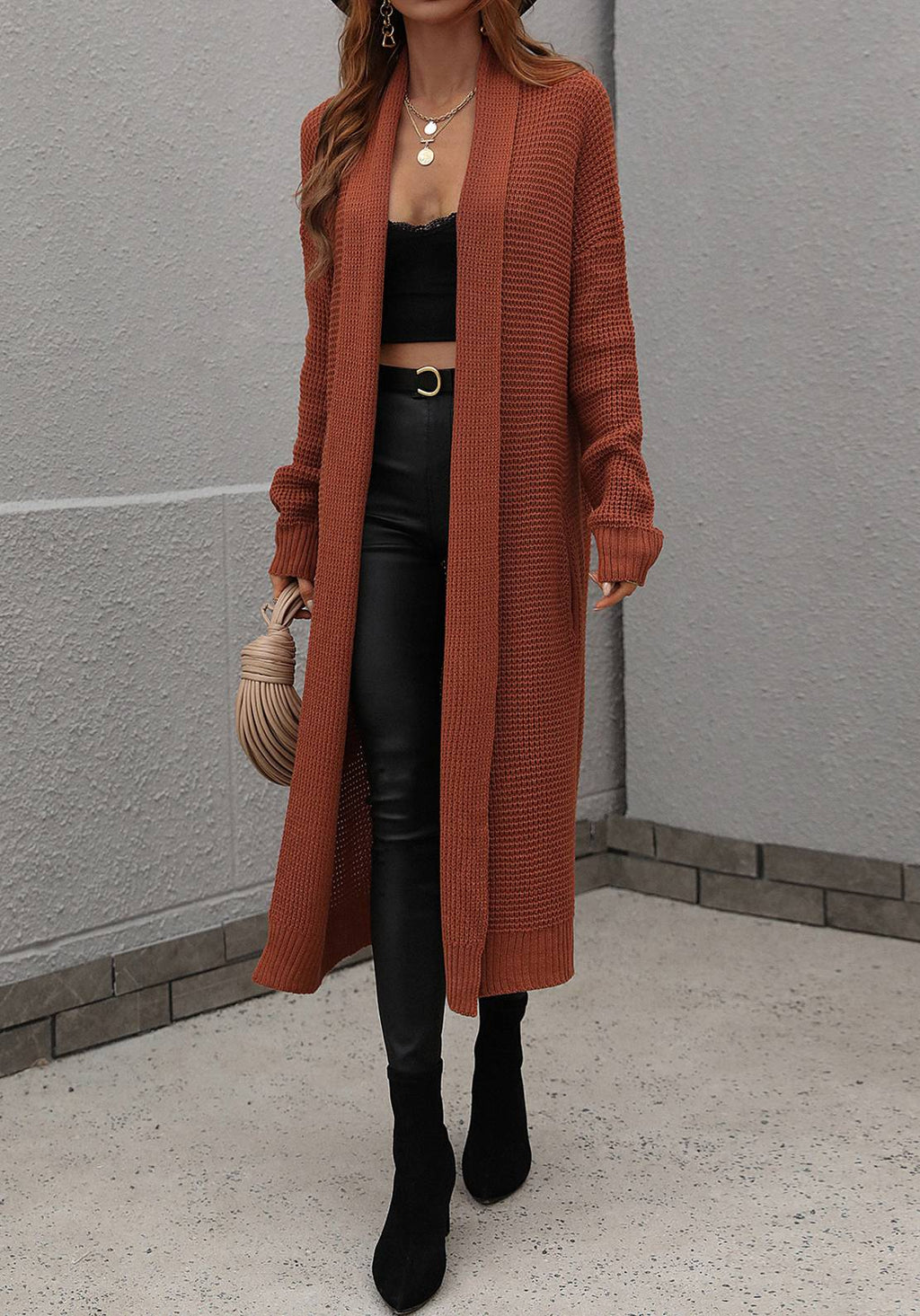 Longline Open Front Duster Cardigan - Brick red