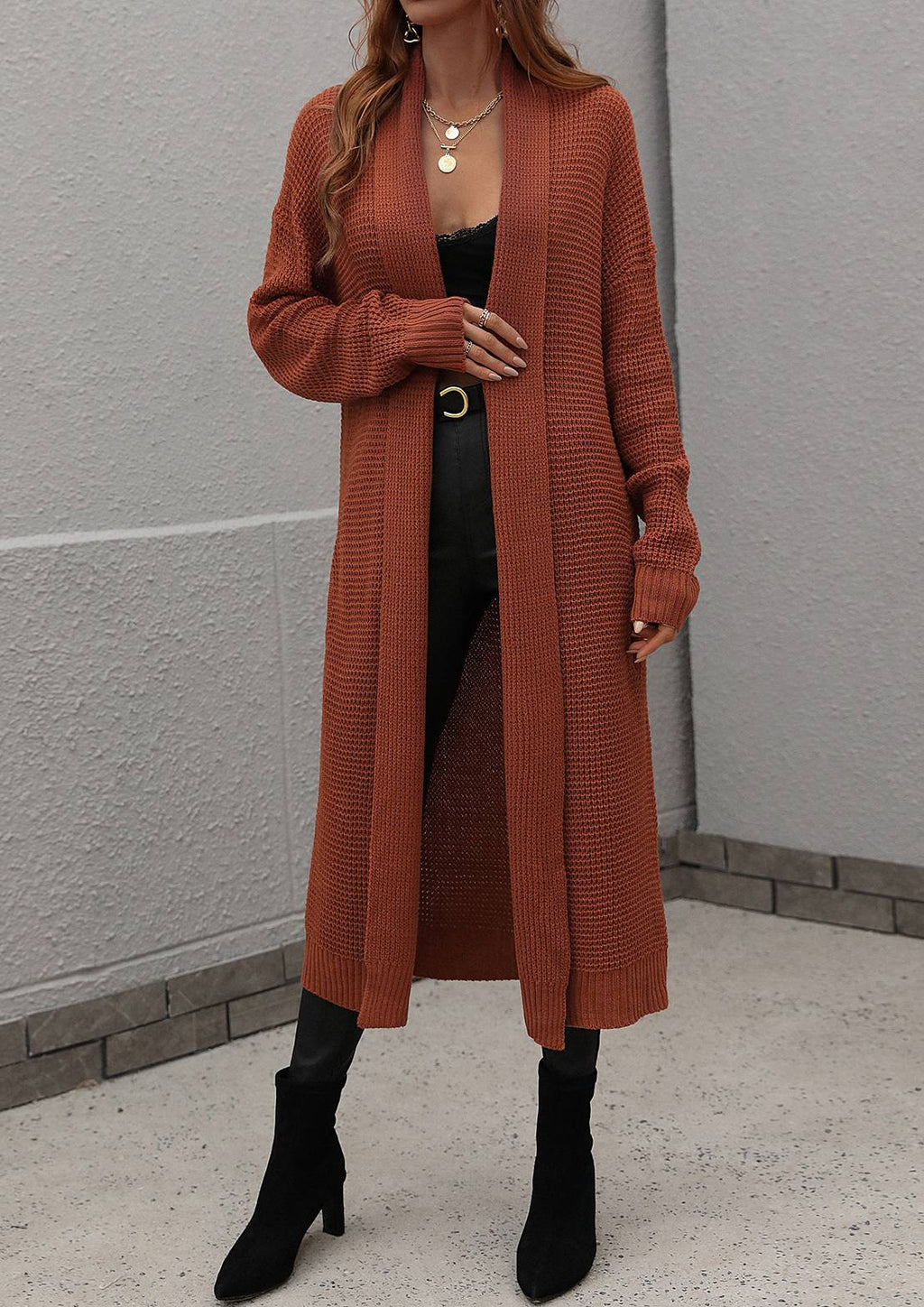 Longline Open Front Duster Cardigan - Brick red - 1