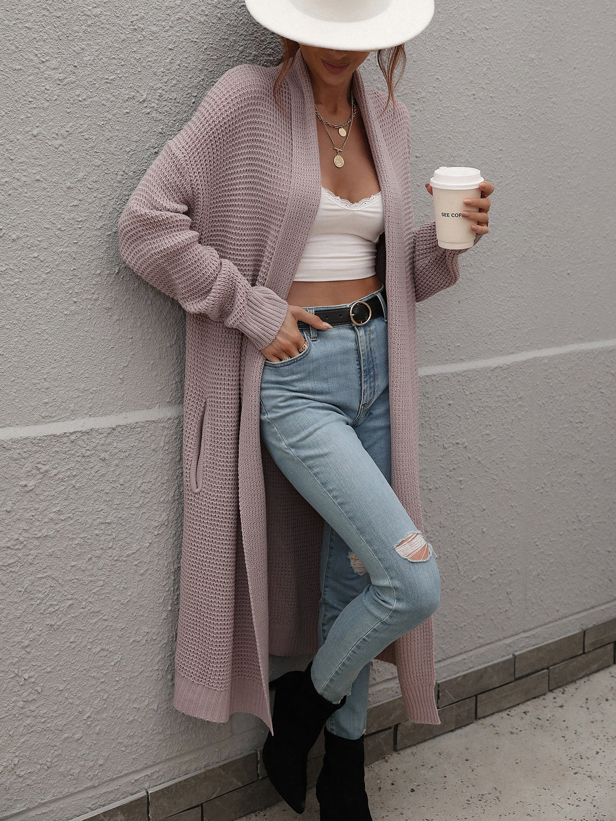 Longline Open Front Duster Cardigan - Purple - 1