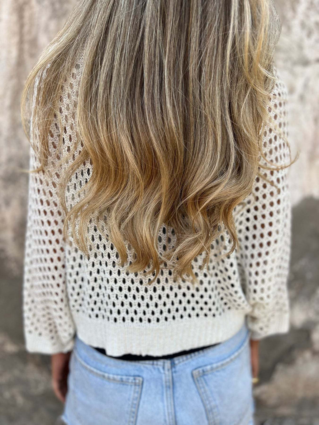 Crochet Open Knit Tie Front Cropped Top - Beige - 3