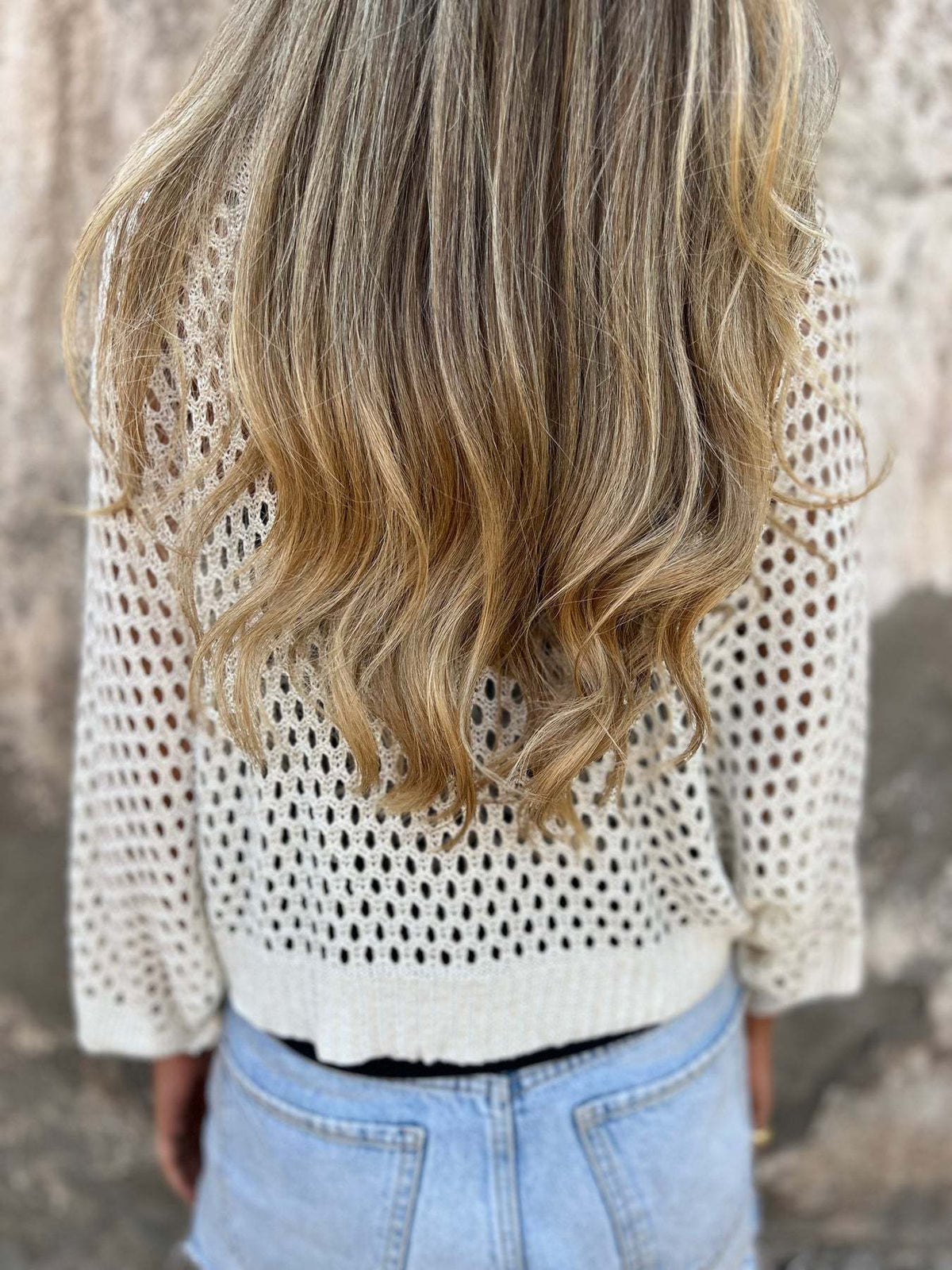 Crochet Open Knit Tie Front Cropped Top - Beige - 3