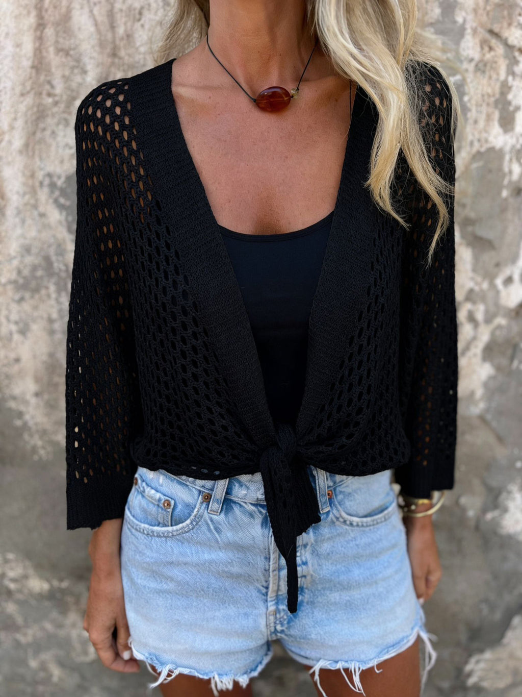 Crochet Open Knit Tie Front Cropped Top - Black