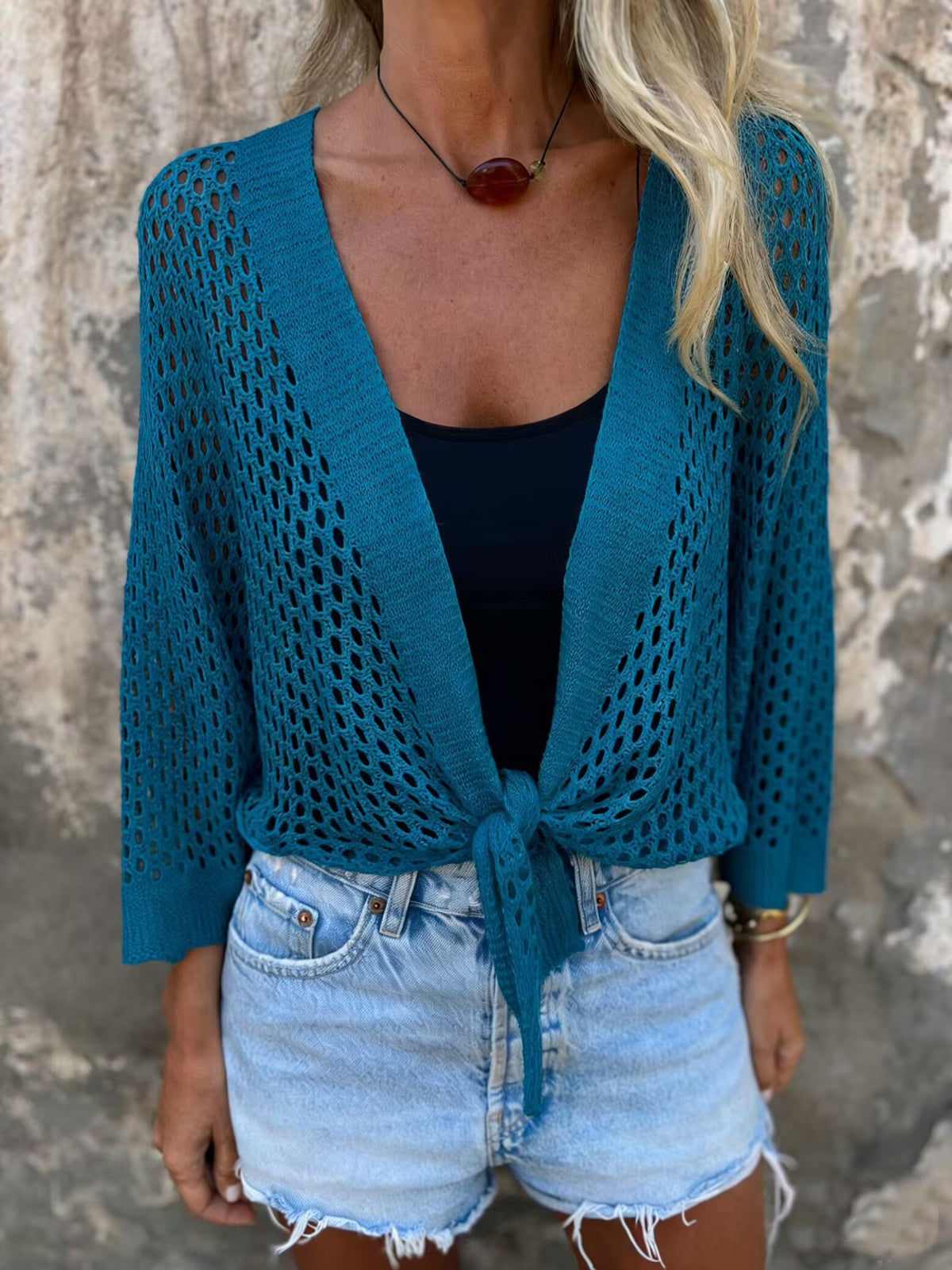 Crochet Open Knit Tie Front Cropped Top - Blue