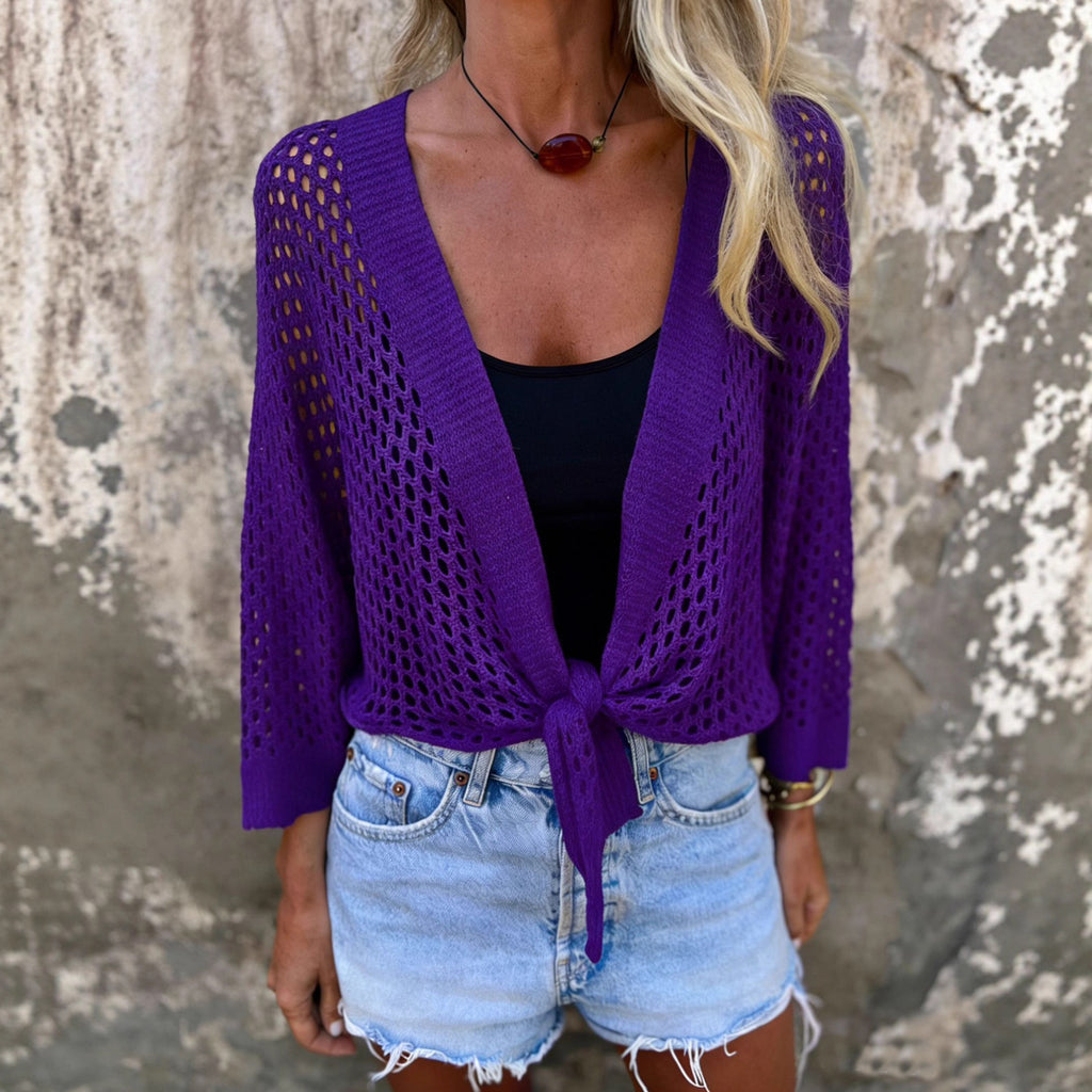 Crochet Open Knit Tie Front Cropped Top - Purple