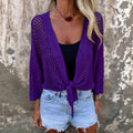 Crochet Open Knit Tie Front Cropped Top - Purple