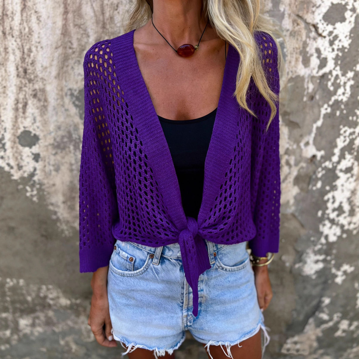 Crochet Open Knit Tie Front Cropped Top - Purple