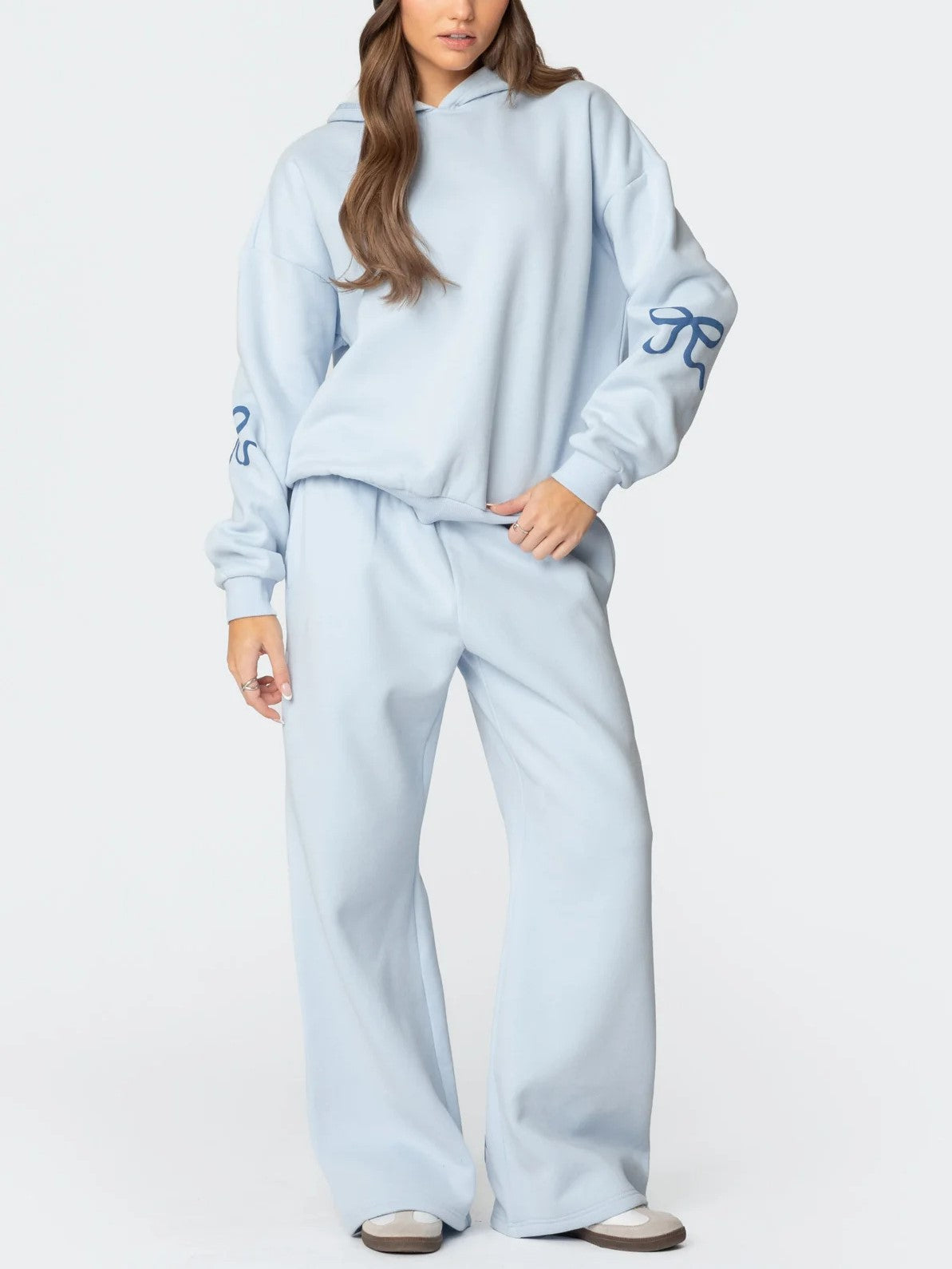 Bow Graphic Hoodie and Wide Leg Sweatpants Set - Blue
