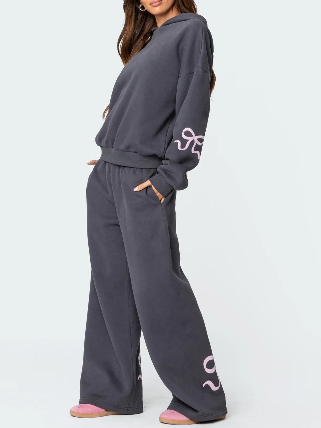 Bow Graphic Hoodie and Wide Leg Sweatpants Set - Grey - 4