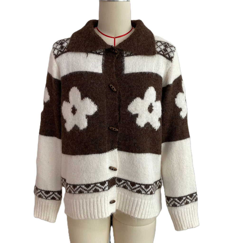 Collared Flower Knit Cardigan With Fair Isle Trim - Brown