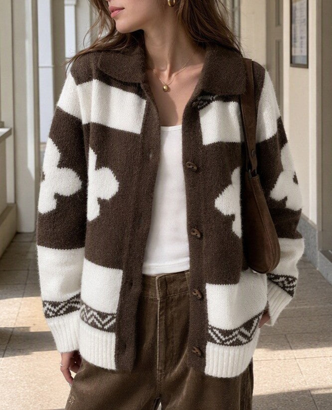 Collared Flower Knit Cardigan With Fair Isle Trim - Brown - 1