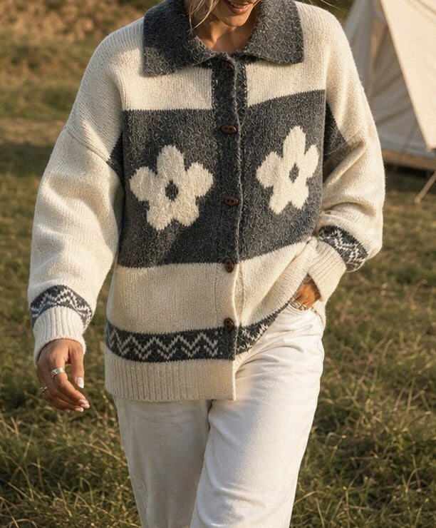 Collared Flower Knit Cardigan With Fair Isle Trim - Grey