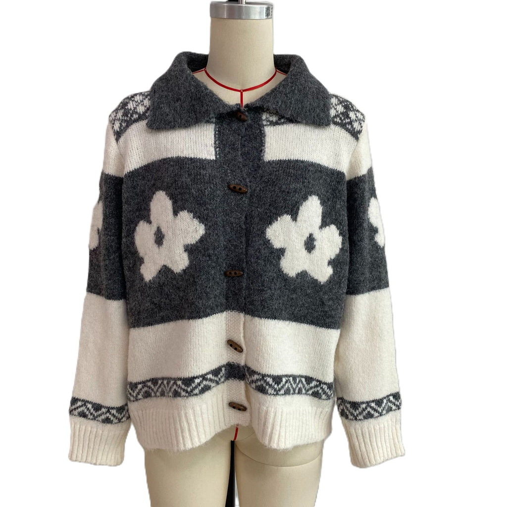 Collared Flower Knit Cardigan With Fair Isle Trim - Grey - 1