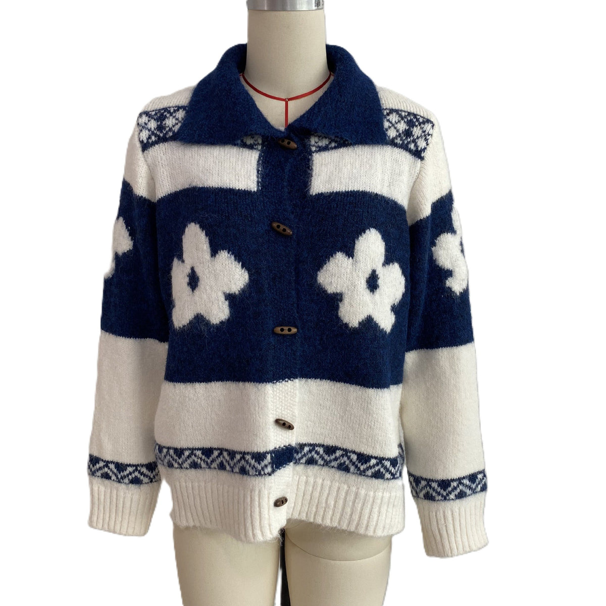 Collared Flower Knit Cardigan With Fair Isle Trim - Navyblue