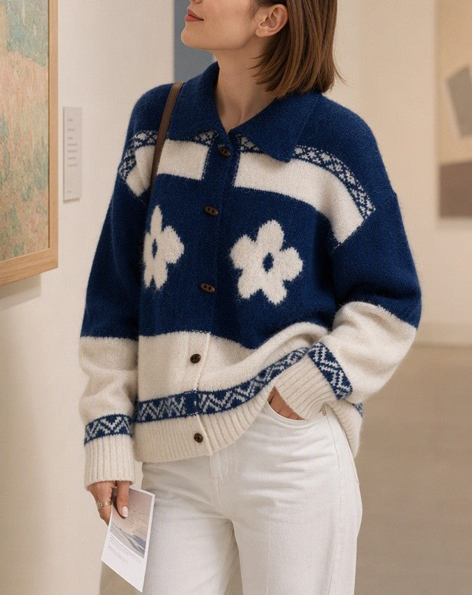 Collared Flower Knit Cardigan With Fair Isle Trim - Navyblue - 2