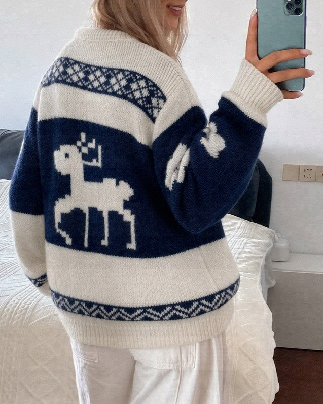 Collared Flower Knit Cardigan With Fair Isle Trim - Navyblue - 3