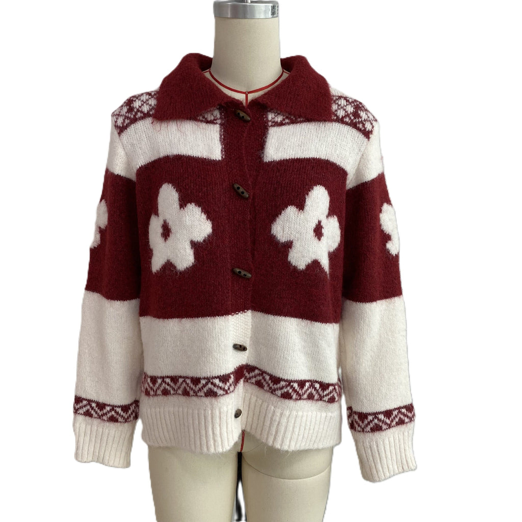 Collared Flower Knit Cardigan With Fair Isle Trim - Red