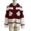 Collared Flower Knit Cardigan With Fair Isle Trim - Red