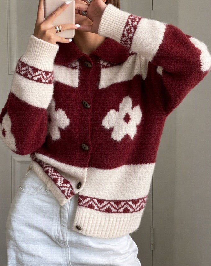 Collared Flower Knit Cardigan With Fair Isle Trim - Red - 1