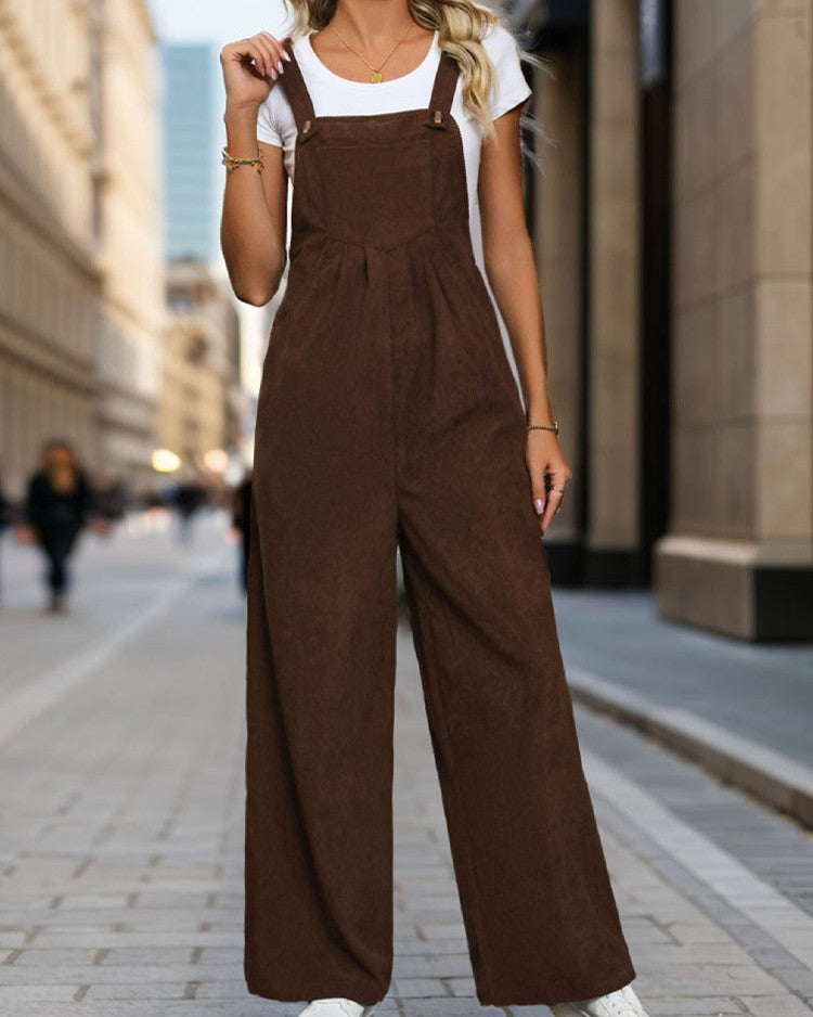 Corduroy Wide Leg Bib Overalls - Brown - 1