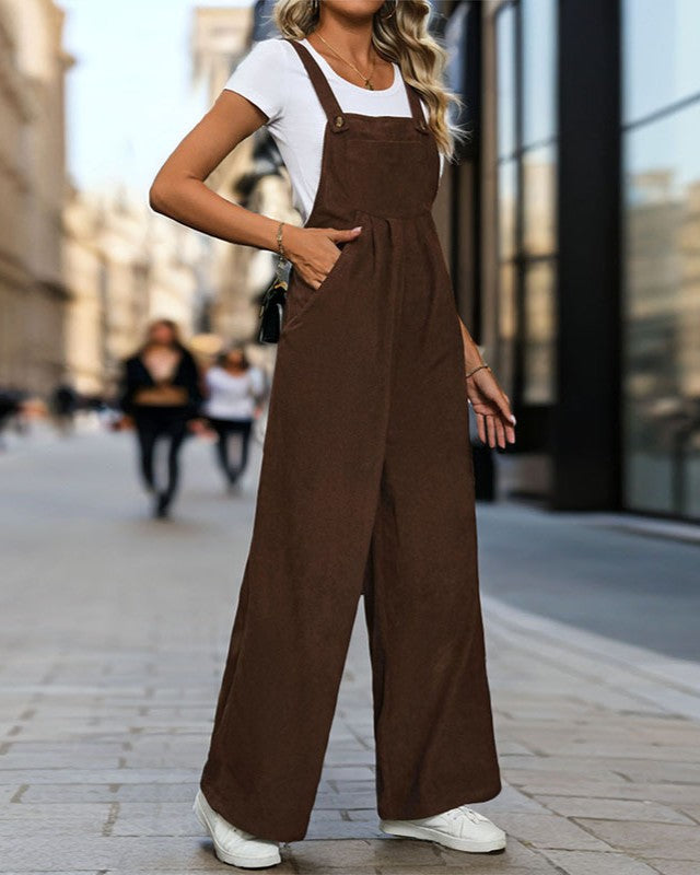 Corduroy Wide Leg Bib Overalls - Brown - 2