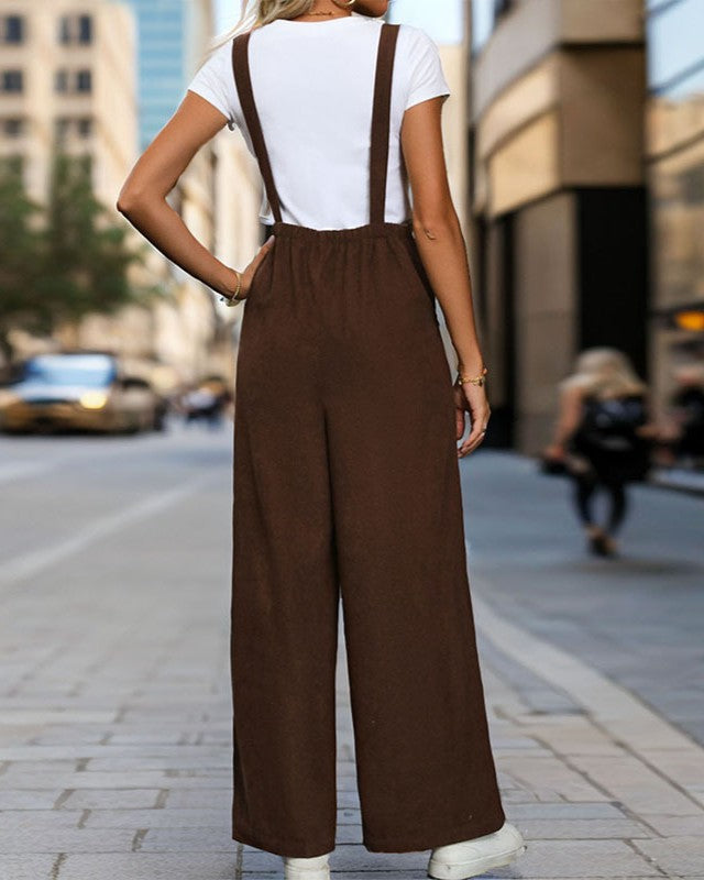 Corduroy Wide Leg Bib Overalls - Brown - 3