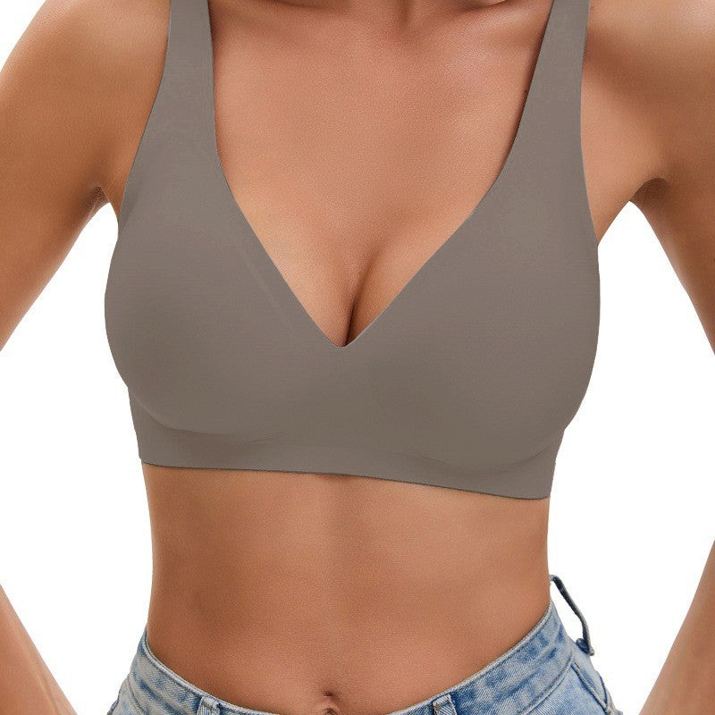 Seamless Wireless V Neck Padded T-Shirt Bra - Gray