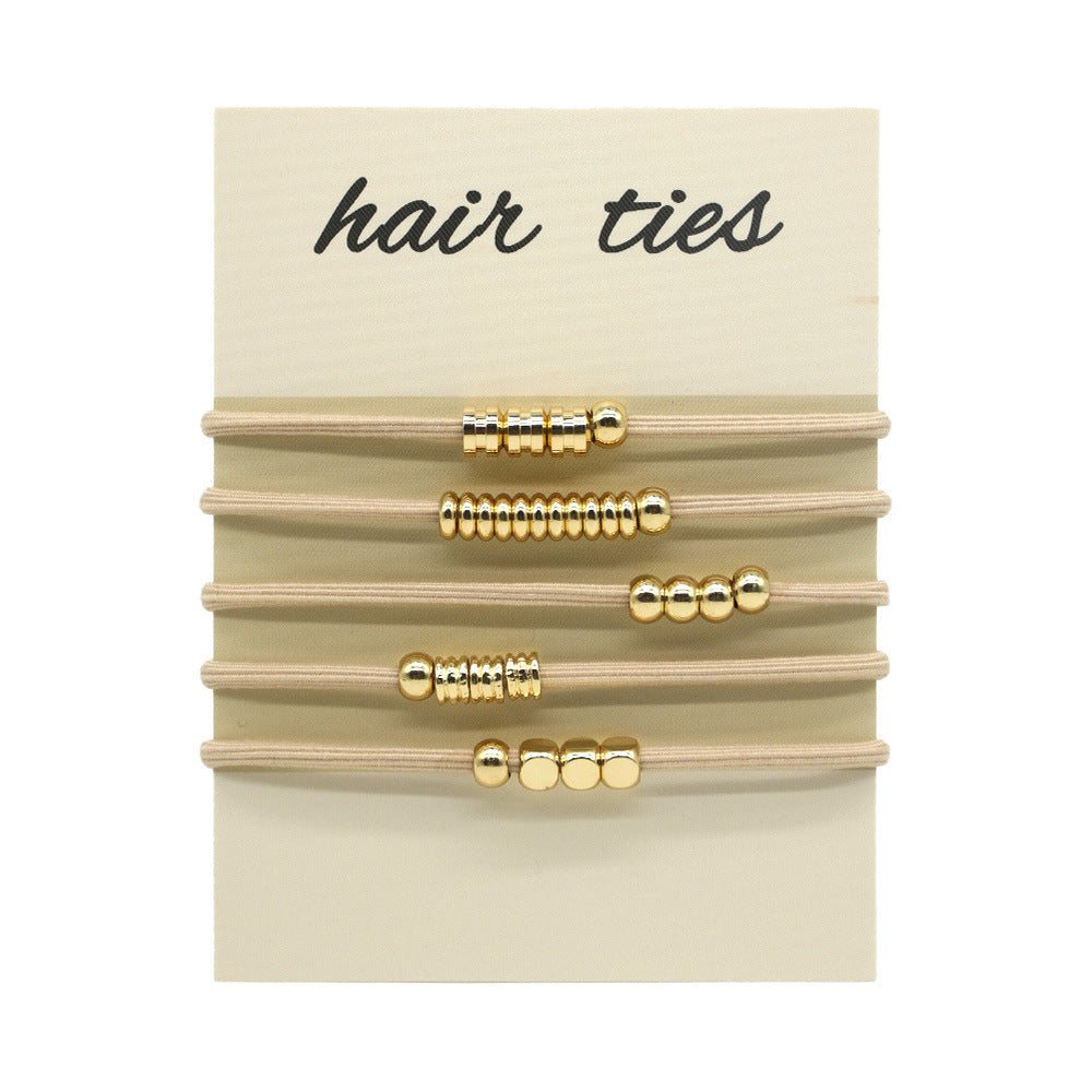 Beaded Elastic Hair Tie Bracelet Set - Beige