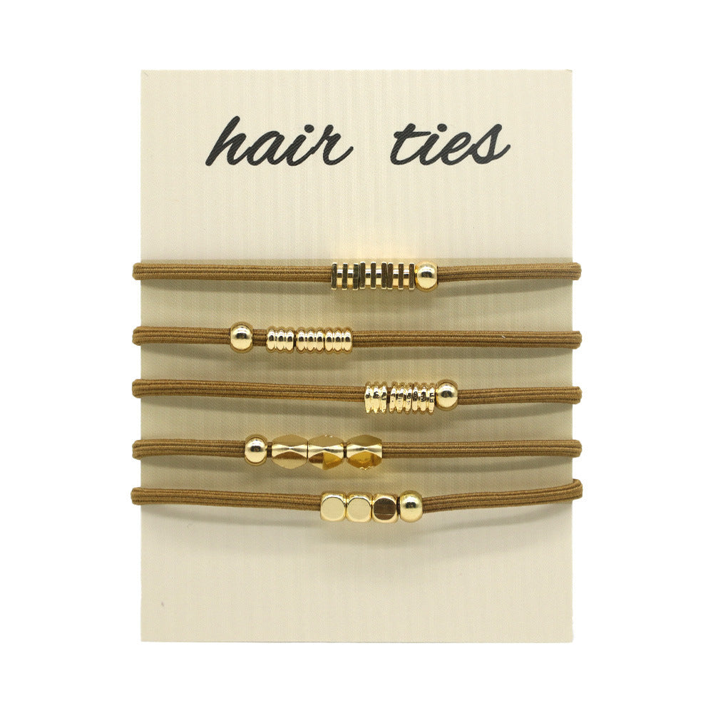 Beaded Elastic Hair Tie Bracelet Set - Khaki