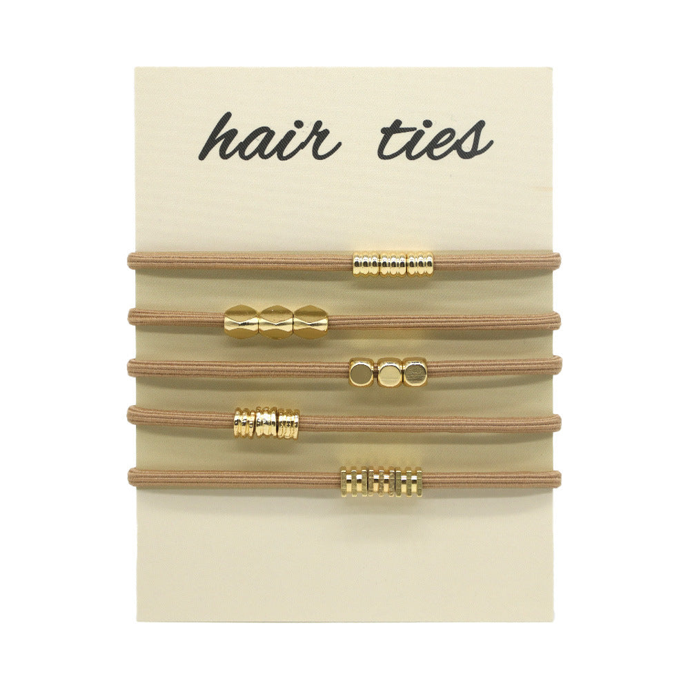 Beaded Elastic Hair Tie Bracelet Set - Latte