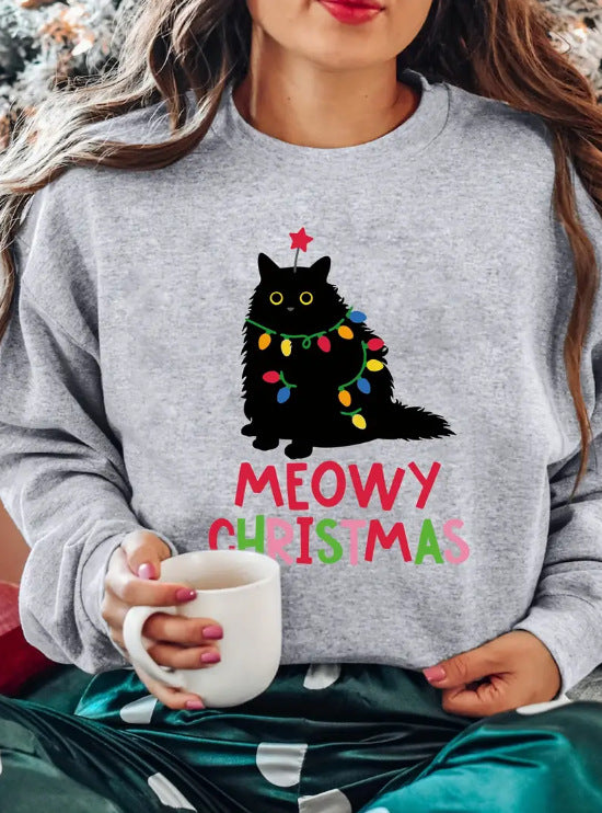 Holiday Cat Graphic Crewneck Sweatshirt - Grey