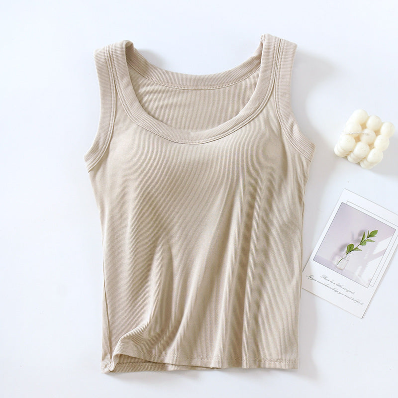 Scoop Neck Padded Bra Ribbed Vest Top - Beige