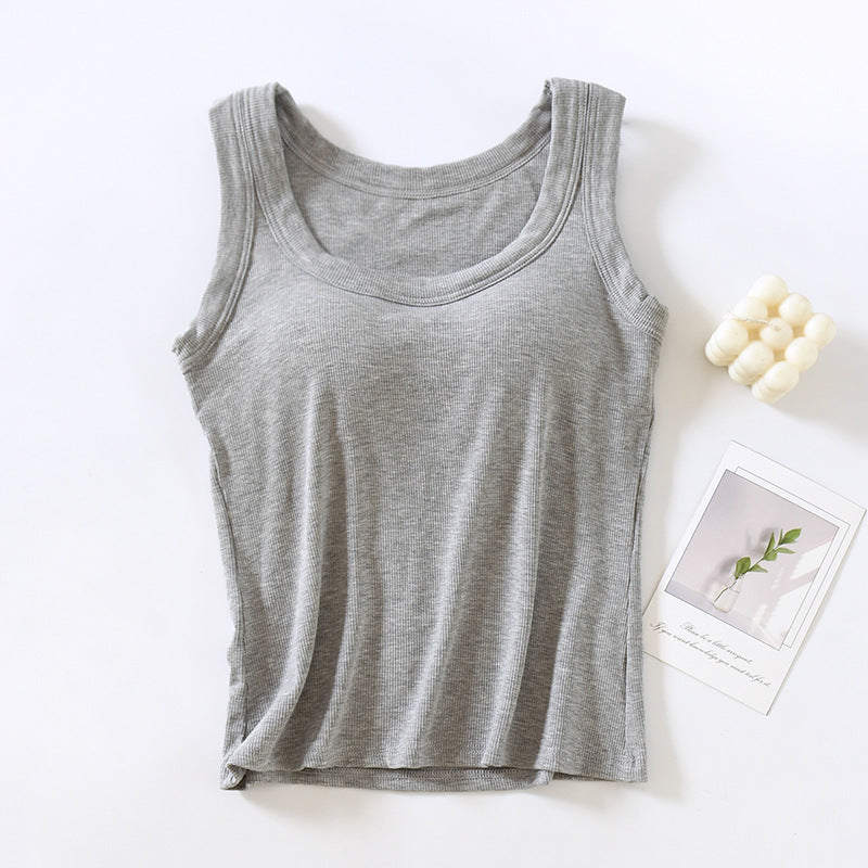 Scoop Neck Padded Bra Ribbed Vest Top - Grey