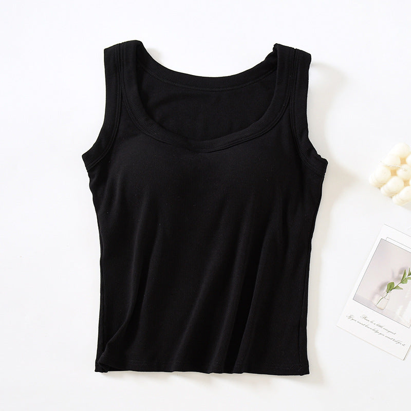 Scoop Neck Padded Bra Ribbed Vest Top - black