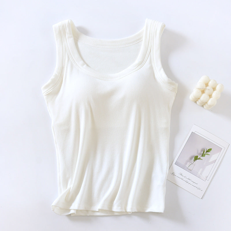 Scoop Neck Padded Bra Ribbed Vest Top - white